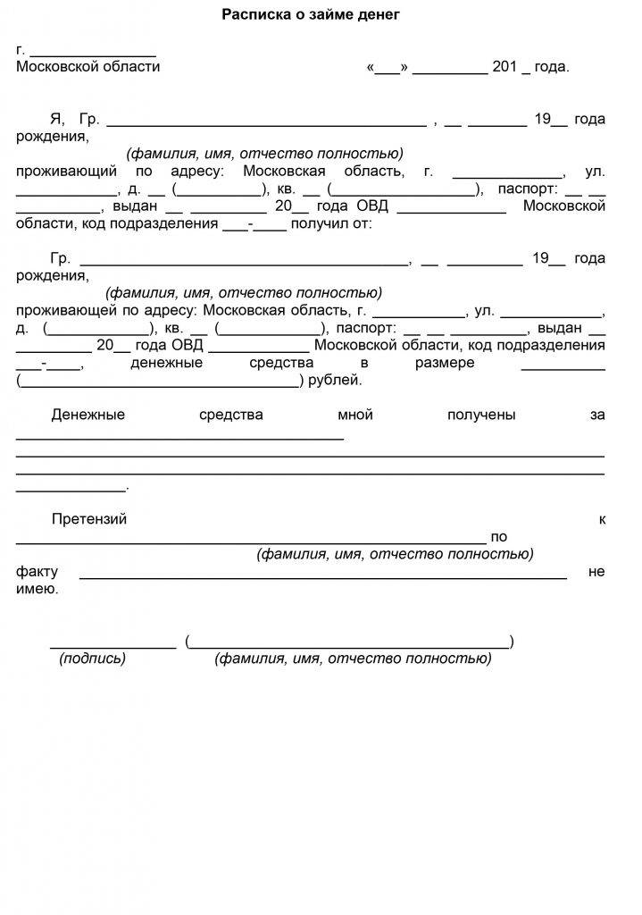 Образец заполнения расписки о займе денег между физическими лицами