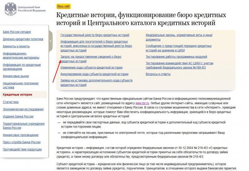 Направление запроса в центральный каталог кредитных историй | банк россии