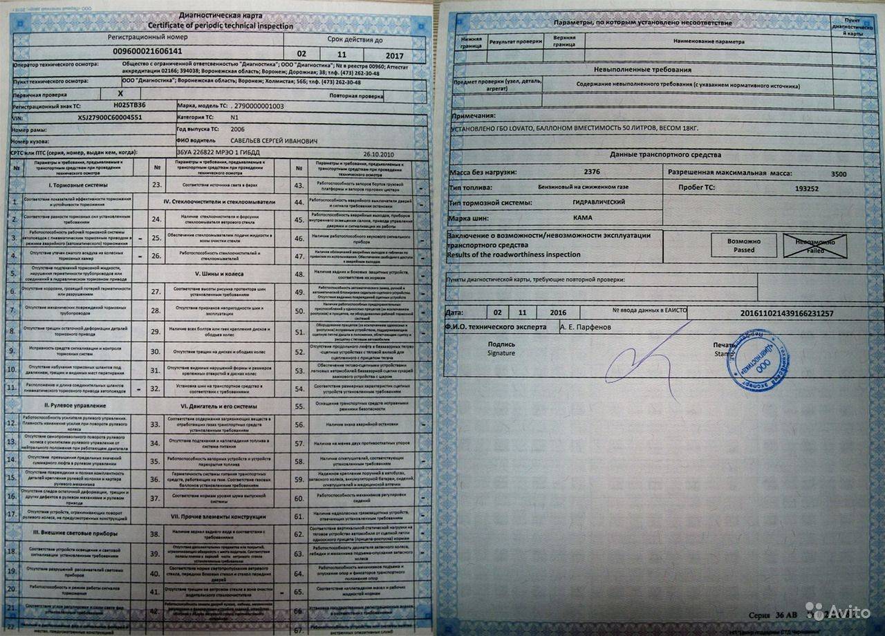 Образец техосмотра на автомобиль