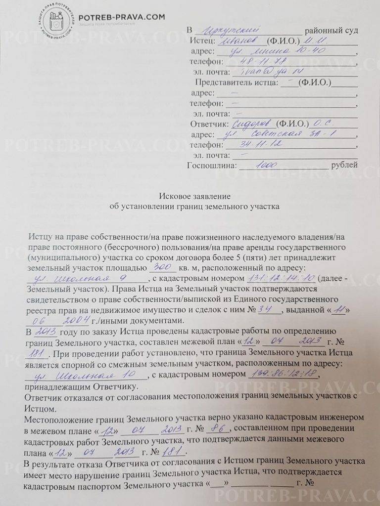 Исковое заявление об установлении границ земельного участка