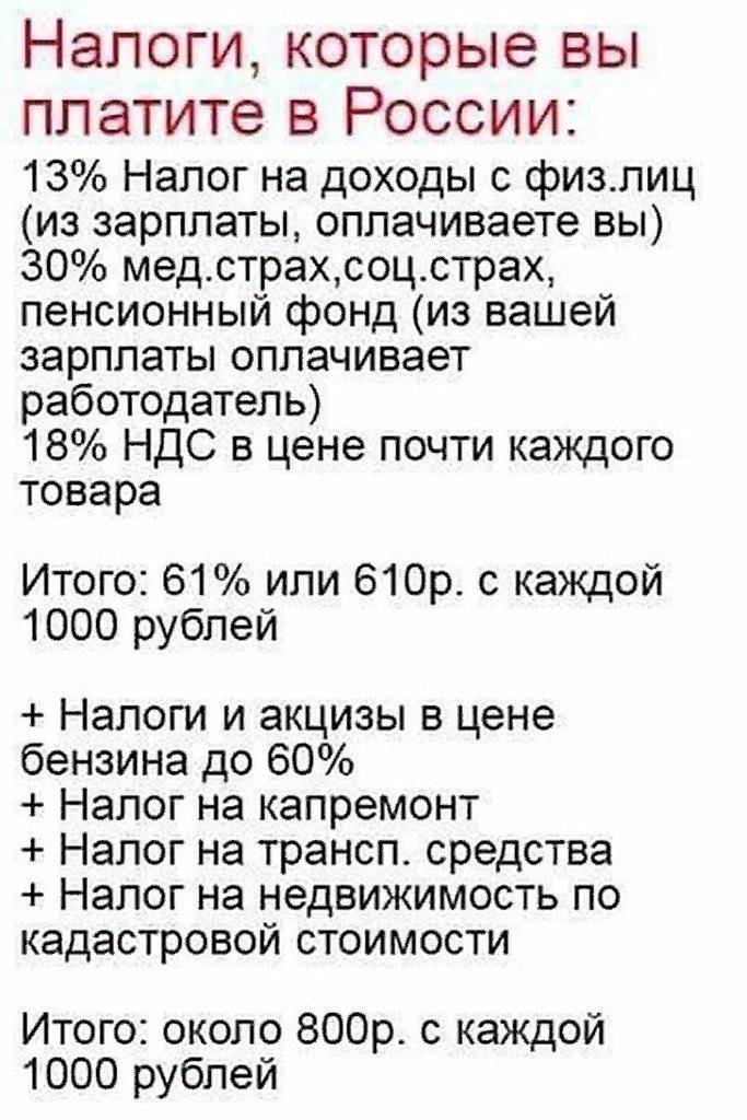 Сколько налогов платит житель. сколько налогов на самом деле платит россиянин (2 фото)