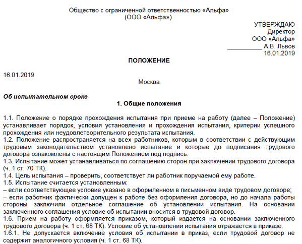 Положение об испытании при приеме на работу образец