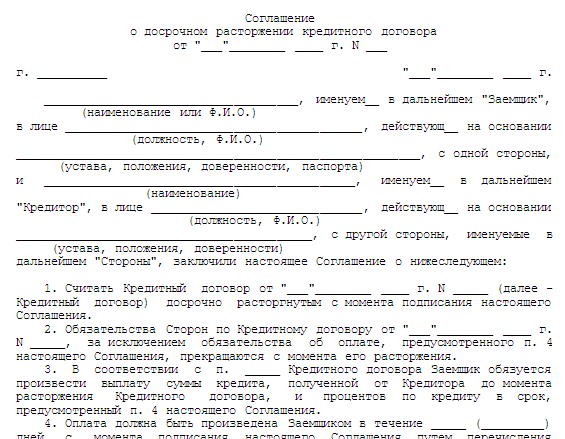 Образец соглашения о расторжении договора займа