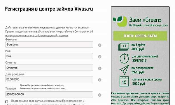 Вивус займ: заявка онлайн на карту