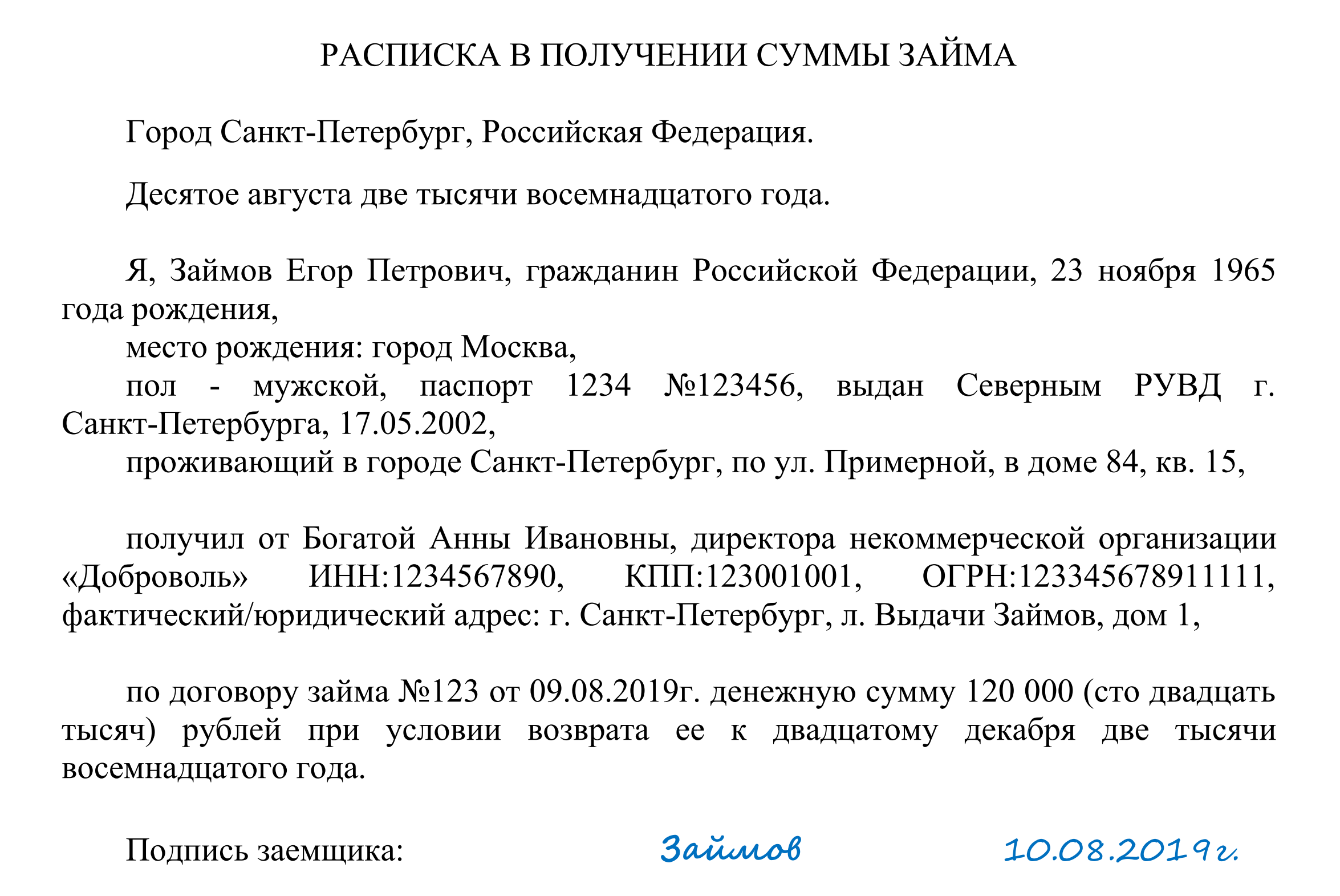 Расписка по договору займа между физическими лицами образец