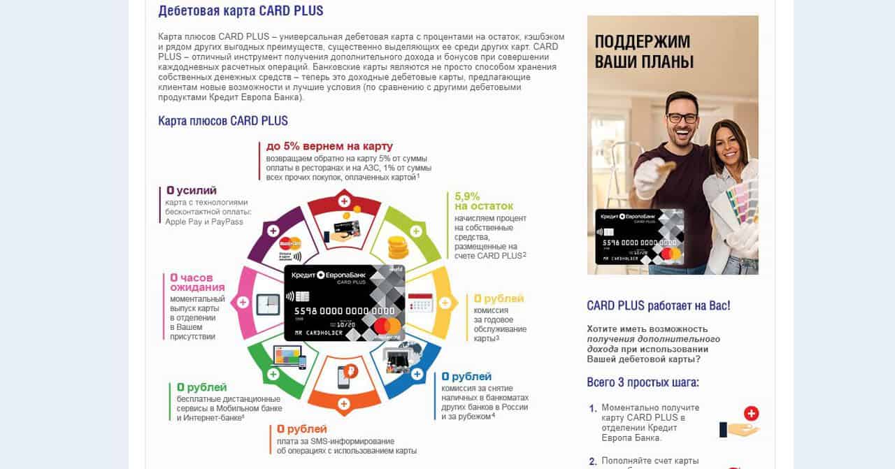 Карта плюсов кредит европа банк процент на остаток