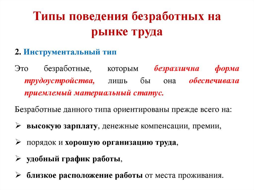 Кредит безработным. Типы поведения безработных. Адаптация на рынке труда. Виды регистрации безработных. Стратегии поведения безработных.