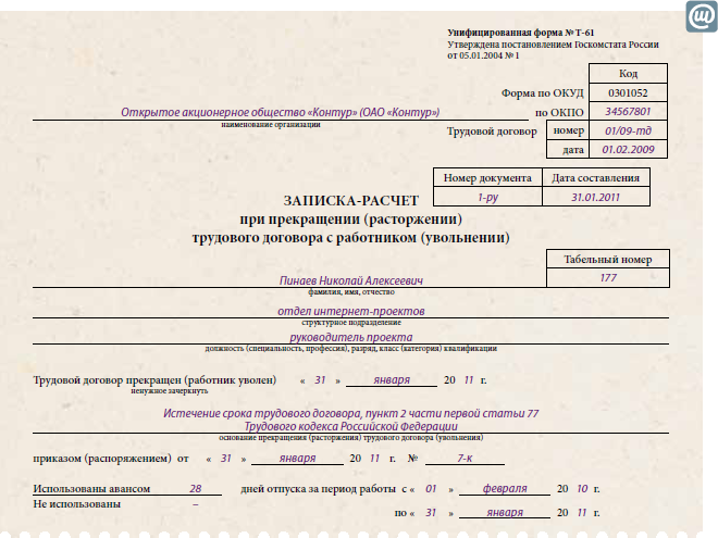 Образец приказа об увольнении в связи с выходом основного работника образец