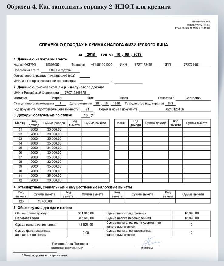 Справка о доходах по форме банка в 2019 году, образец заполнения