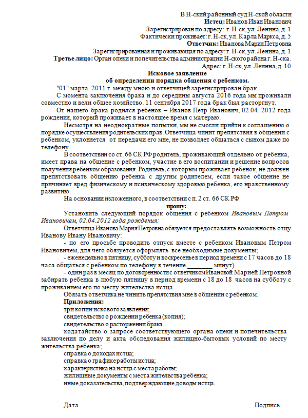 Заявление в органы опеки и попечительства о препятствии общения с ребенком бабушки и дедушки образец